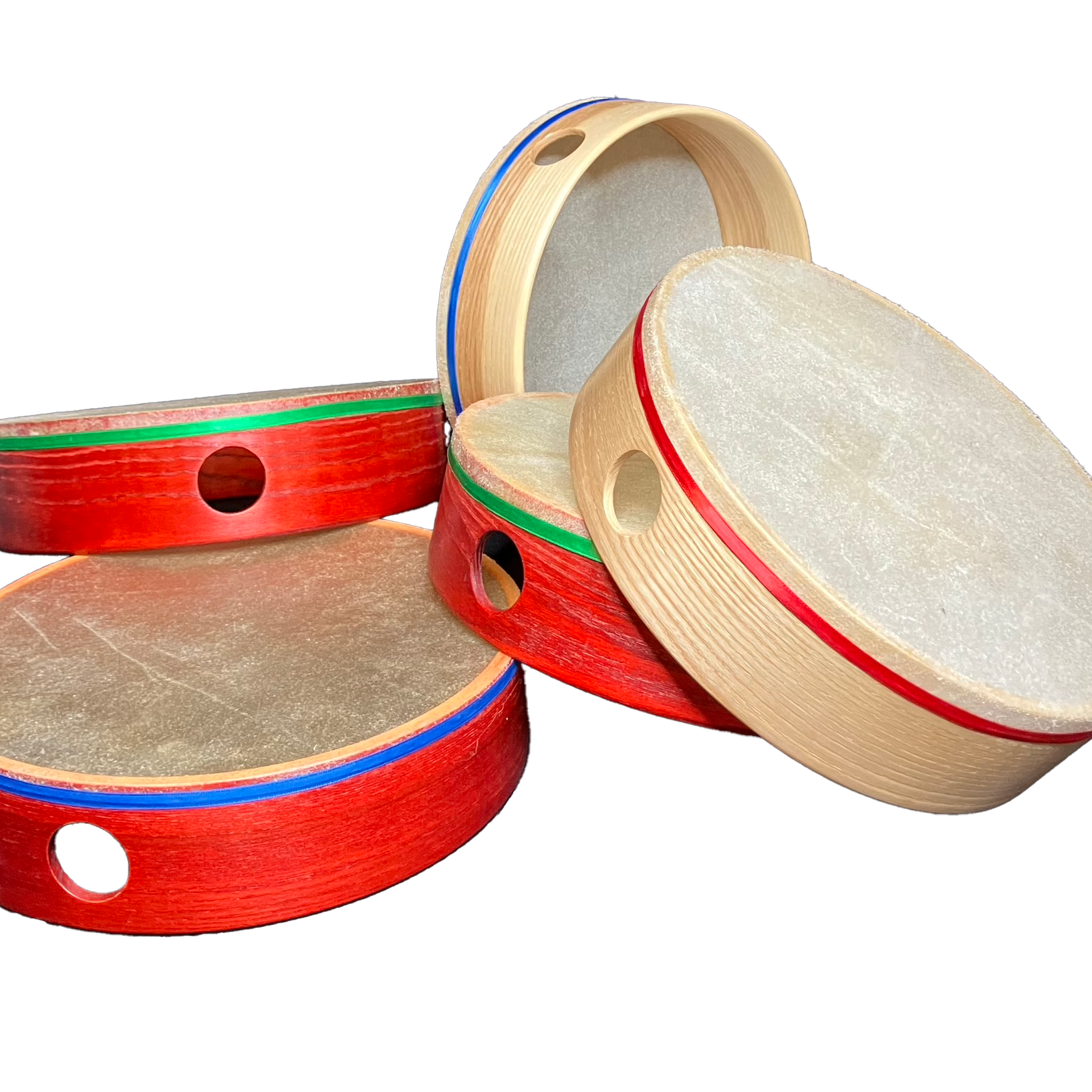 A set of frame drums in various sizes with a natural skin head and a colorful satin ribbon around the seam where the head and shell meet.