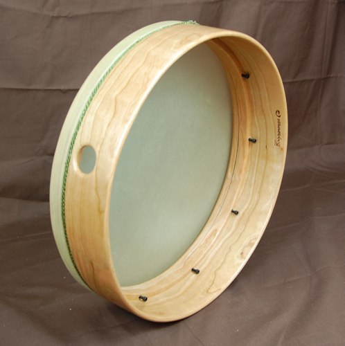 A collection of Cooperman Classic Tars and Bendirs in various sizes, made of cherry wood with a clear finish, displayed vertically in a staircase formation.